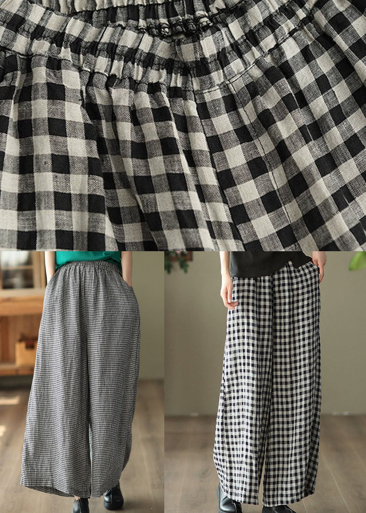 Small Plaid Pockets Patchwork Casual Linen Wide Leg Pants Summer