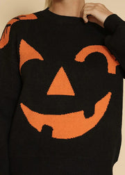 Smiling Face Patchwork Knit Top O Neck Long Sleeve