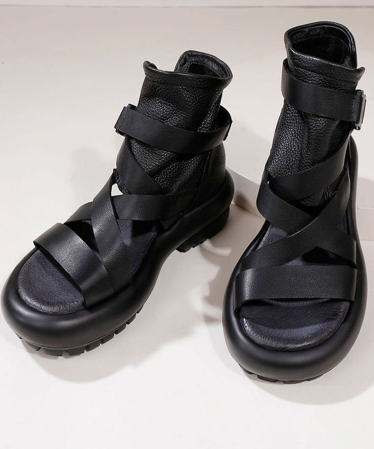 Soft Black Chunky Cowhide Leather Cross Strap Sandals