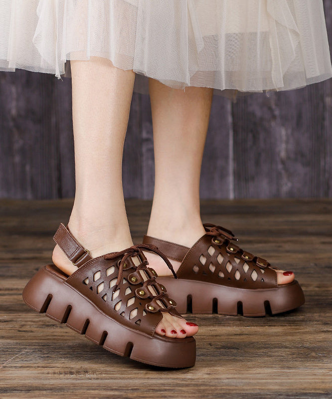 Soft Khaki Cowhide Leather Splicing Platform Flat Sandals