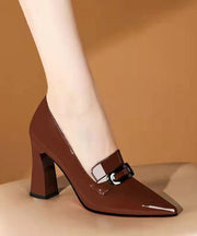 Soft Pointed Toe Chunky High Heels Brown Cowhide Leather