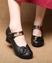 Soft Splicing Buckle Strap Black Cowhide Leather Chunky Heel