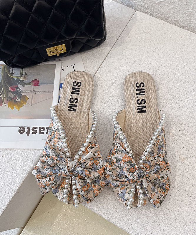 Soft Splicing Print Bow Nail Bead Orange Cotton Fabric Slide Sandals