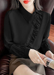 Black Chiffon Shirt Tops Asymmetrical Desidn Ruffles Spring