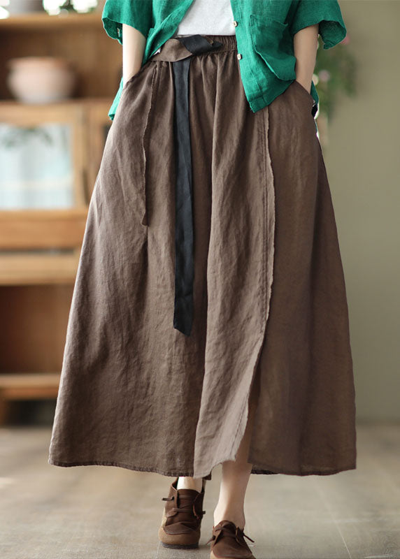 Solid Chocolate Linen A Line Skirt Side Open Pockets Summer