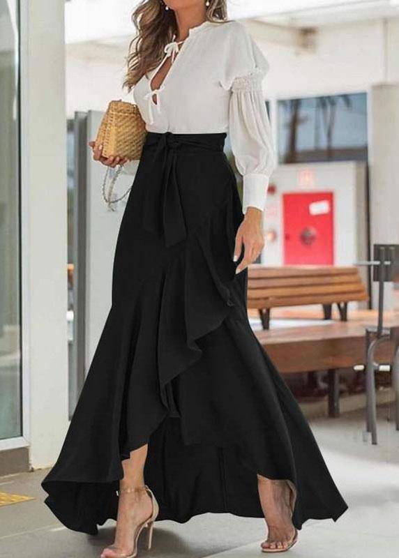 Solid Color High Waist Ruffle High Low Hem Swing Maxi Skirts For Women - SooLinen