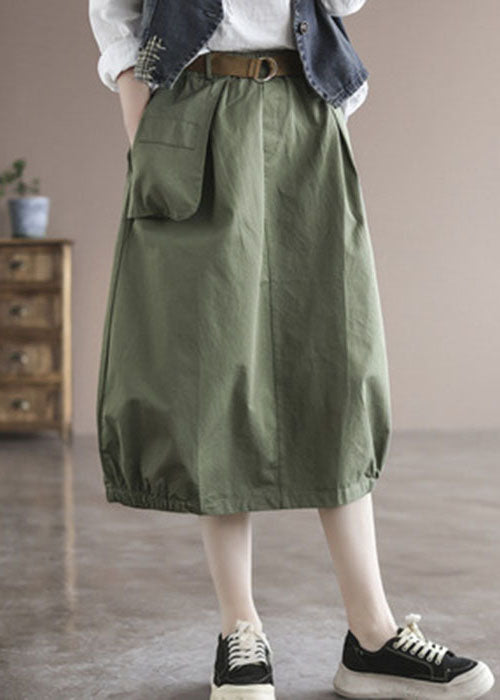 Solid Green Patchwork Cotton Skirt High Waist Pockets Summer