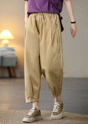 Solid Khaki Pockets Cotton Crop Pants High Waist Spring