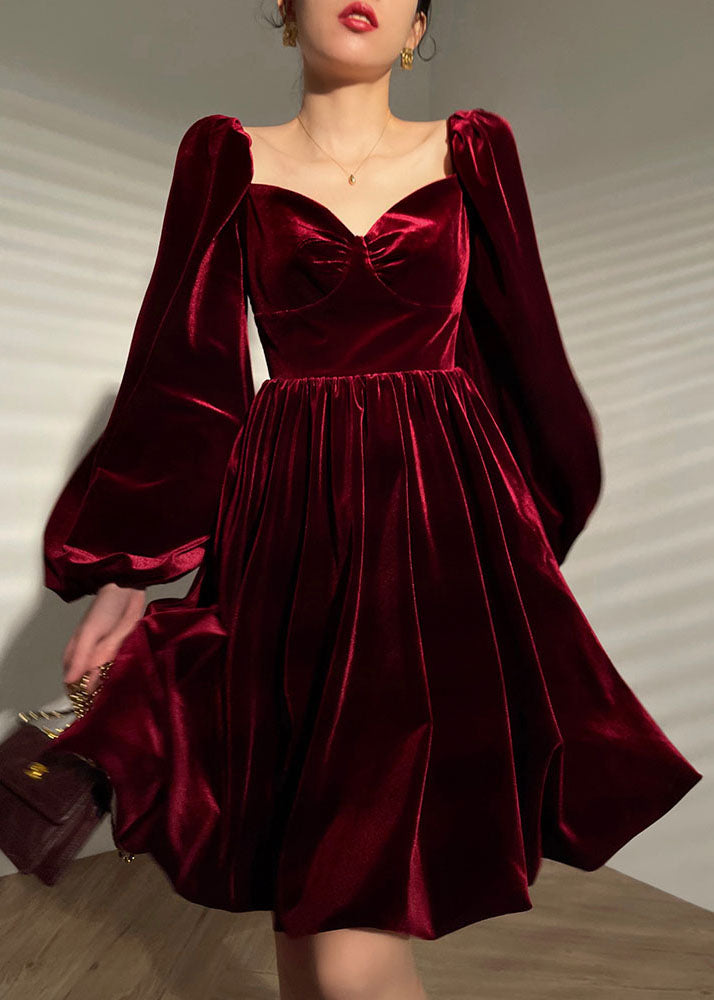 Solid Mulberry Velour Vestidos Party Dress V Neck Lantern Sleeve