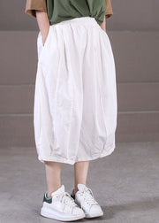 Solid White Cotton Wide Leg Pants Elastic Waist Wrinkled Summer