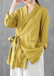 Solid Yellow Linen Coats Notched Collar Tie Waist Long Sleeve