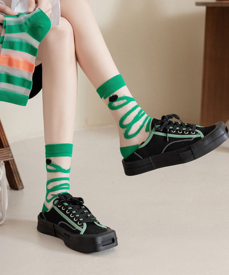 Spring And Summer Green Graffiti Thin Breathable Mid Calf Socks