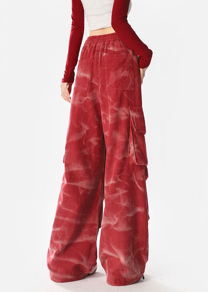 Spring Casual Red Tie Dyed Pocket Corduroy Straight Pants