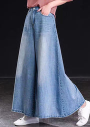 Spring Versatile Light Blue Pockets Denim Wide Leg Pants