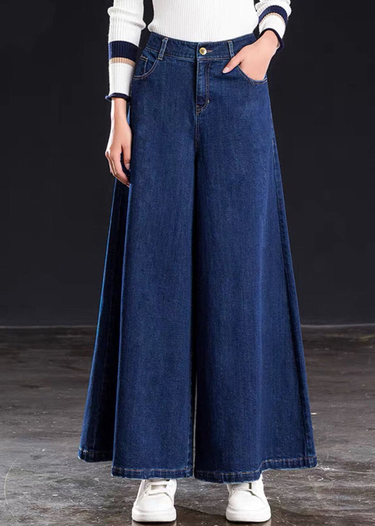 Spring Versatile Light Blue Pockets Denim Wide Leg Pants