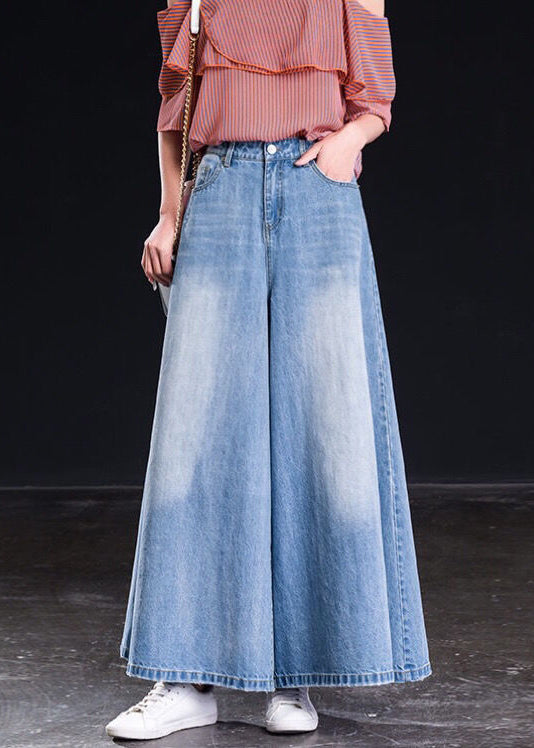 Spring Versatile Light Blue Pockets Denim Wide Leg Pants