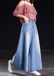 Spring Versatile Light Blue Pockets Denim Wide Leg Pants