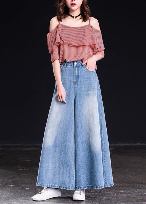 Spring Versatile Light Blue Pockets Denim Wide Leg Pants