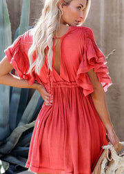 Streetwear Red Ruffled Off The back Cotton Dress Summer