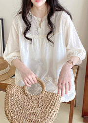 Style Apricot O-Neck Lace Patchwork Hollow Out Shirt Half Sleeve