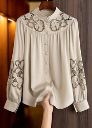 Style Apricot Stand Collar Embroideried Hollow Out Chiffon Shirt Long Sleeve