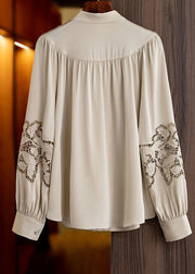 Style Apricot Stand Collar Embroideried Hollow Out Chiffon Shirt Long Sleeve