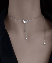 Style Asymmetric Butterfly Tassel Silver Necklace