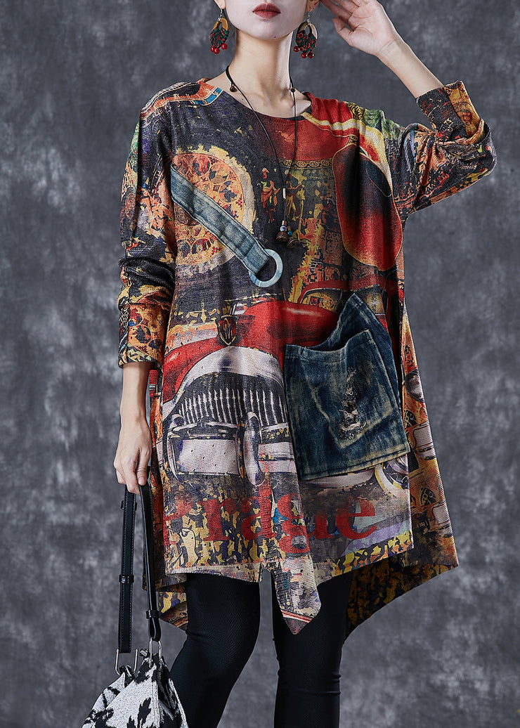 Style Asymmetrical Patchwork Tie Dye Knit Tops Fall