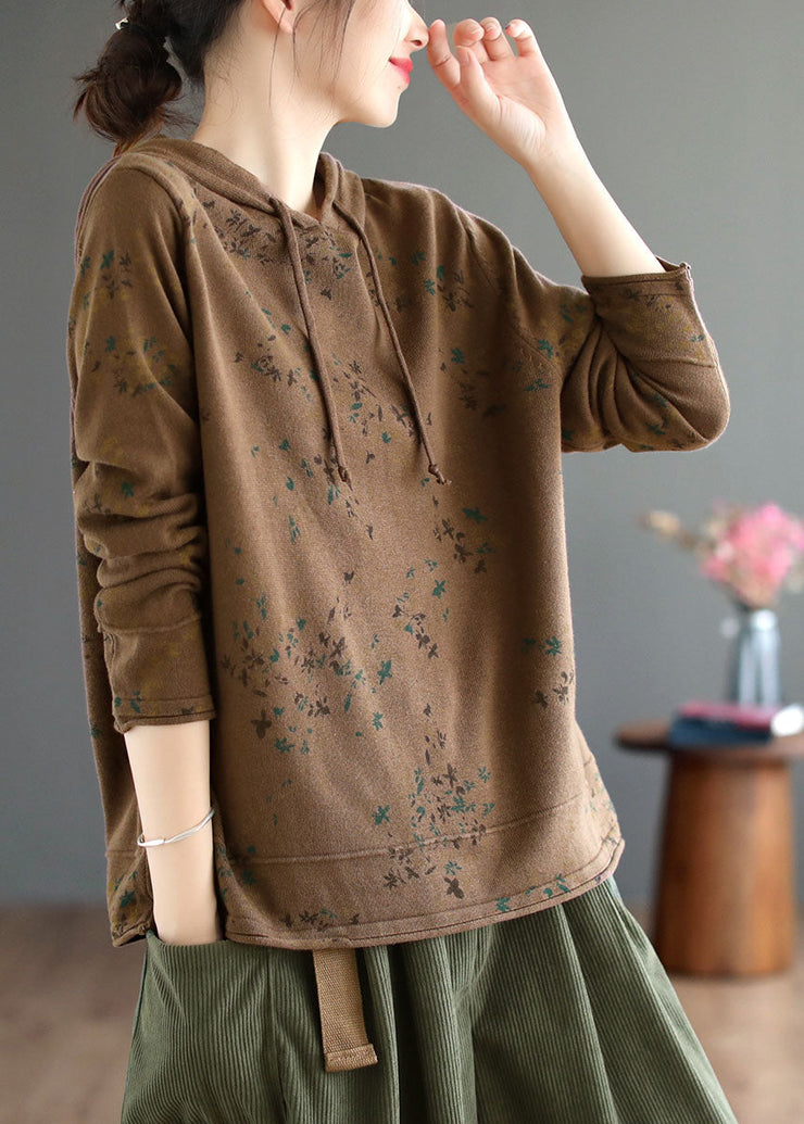 Style Beige Hooded Print Knit Sweatshirts Top Winter