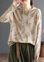 Style Beige Hooded Print Knit Sweatshirts Top Winter