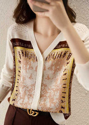 Style Beige V Neck Jacquard Knit Short Cardigans Long Sleeve