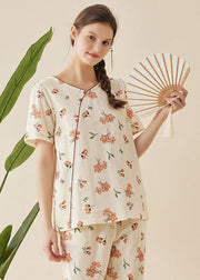 Style Beige V Neck Patchwork Print Cotton Pajamas Two Piece Set Short Sleeve