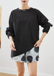 Style Black Asymmetrical Back Buckle Cotton Shirt Top Fall