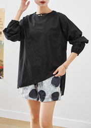 Style Black Asymmetrical Back Buckle Cotton Shirt Top Fall