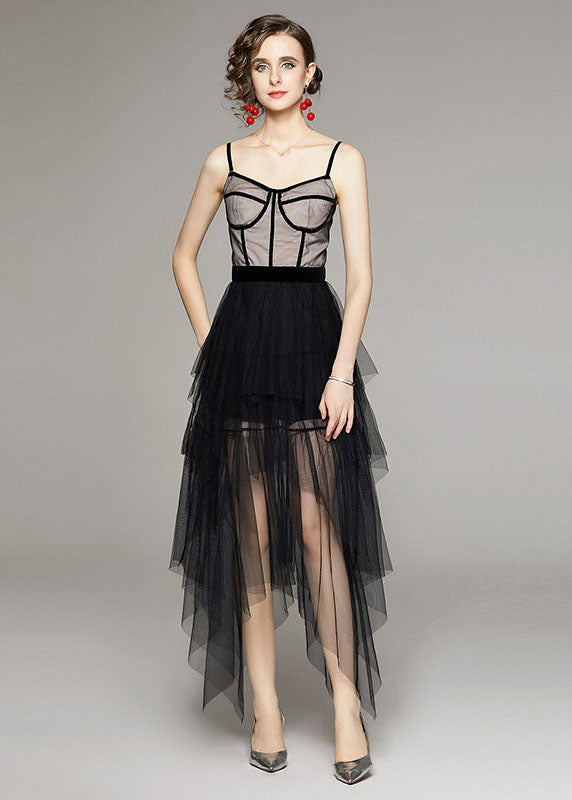 Style Black Asymmetrical Patchwork Tulle Spaghetti Strap Dress Summer