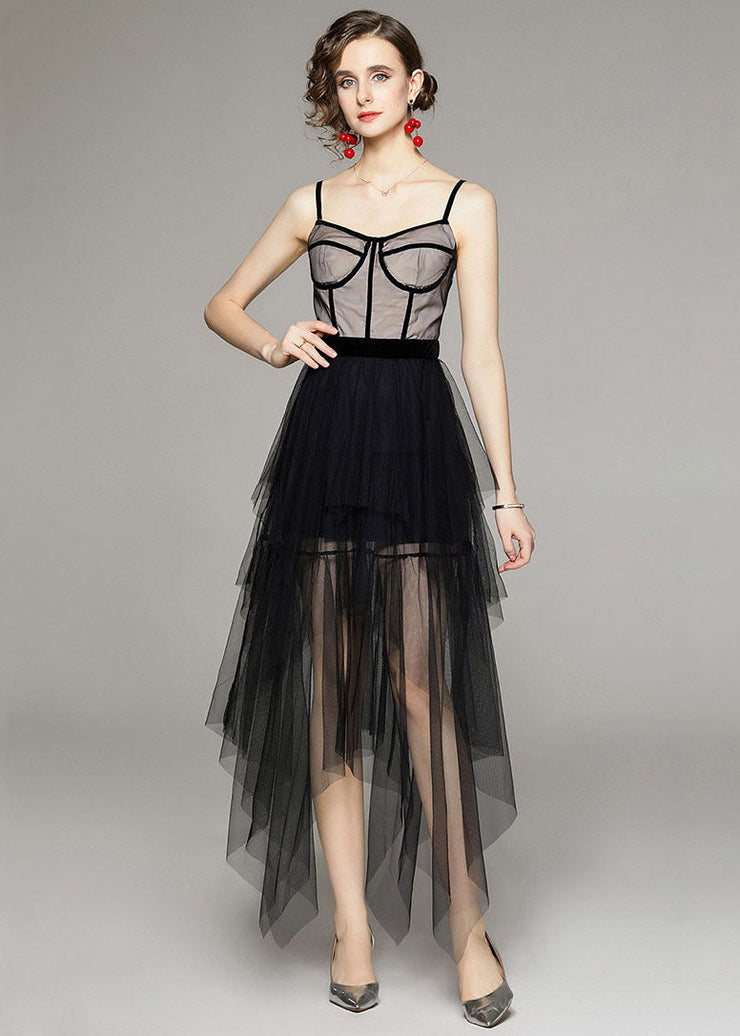 Style Black Asymmetrical Patchwork Tulle Spaghetti Strap Dress Summer