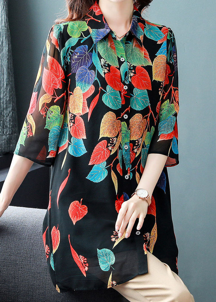 Style Black Button Print Patchwork Chiffon Shirt Tops Summer