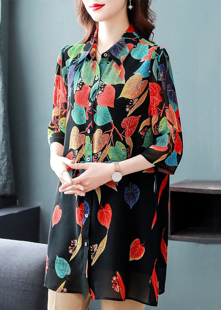 Style Black Button Print Patchwork Chiffon Shirt Tops Summer