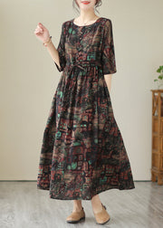 Style Black Cinched Print Linen Maxi Dresses Summer