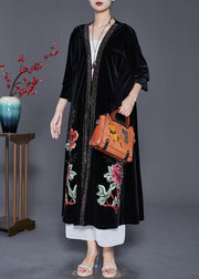 Style Black Embroideried Oversized Silk Velour Long Cardigan Fall