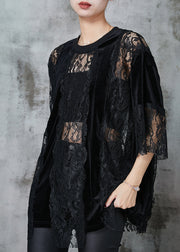 Style Black Hollow Out Patchwork Lace Shirts Summer