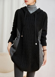 Style Black Hooded Patchwork Knit Pullover Dress Winter