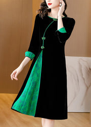 Style Black O-Neck Print Patchwork Button Silk Velour Maxi Dresses Fall