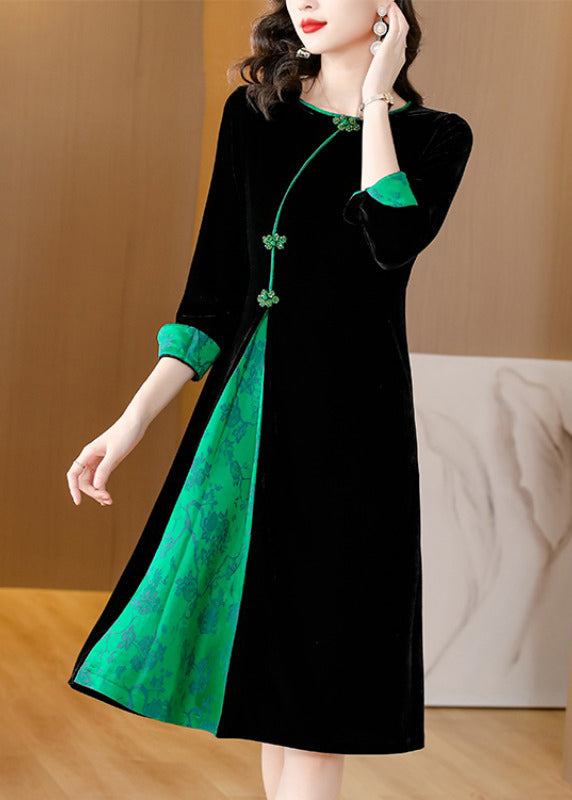 Style Black O-Neck Print Patchwork Button Silk Velour Maxi Dresses Fall