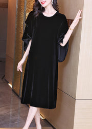 Style Black O-Neck Ruffled Patchwork Silk Velour Dress Fall