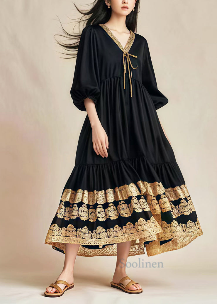 Style Black Oversized Patchwork Lace Cotton Holiday Dress Spring