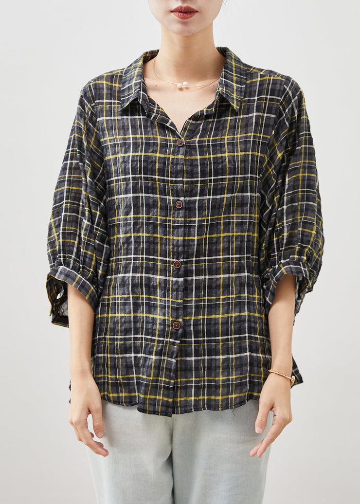 Style Black Oversized Plaid Linen Shirt Tops Bracelet Sleeve