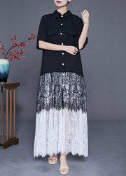 Style Black Peter Pan Collar Lace Patchwork Chiffon Long Dress Summer