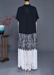 Style Black Peter Pan Collar Lace Patchwork Chiffon Long Dress Summer