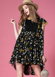 Style Black Print Low High Design Chiffon Pleated Dress Summer